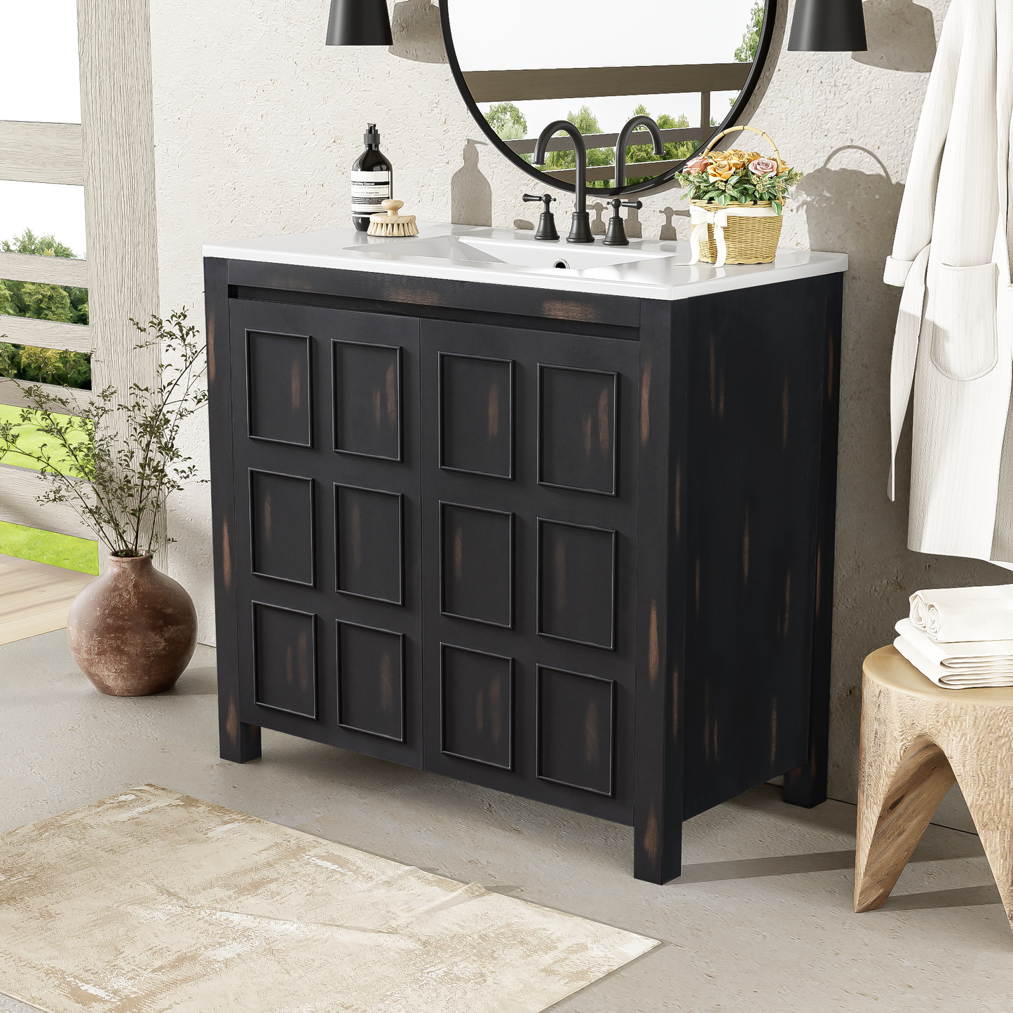 36 " Bathroom Vanity Organizer with Ceramic Sink, Set Bathroom Storage Cabinet, Vintage Espresso