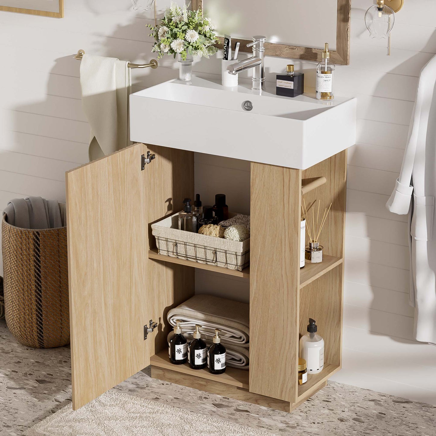 21.6" bathroom vanity with ceramic sink, freestanding modern left door wood grain cabinet with open and closed storage for small bathrooms
