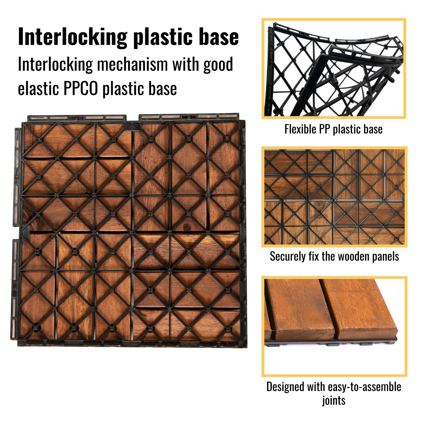 Acacia Wood Interlocking Deck Tiles Checker Pattern, 30 PCS  12" x 12" Square Acacia Hardwood Outdoor Flooring for Patio, Bancony, Pool Side
