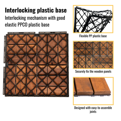 Acacia Wood Interlocking Deck Tiles Checker Pattern, 30 PCS  12" x 12" Square Acacia Hardwood Outdoor Flooring for Patio, Bancony, Pool Side