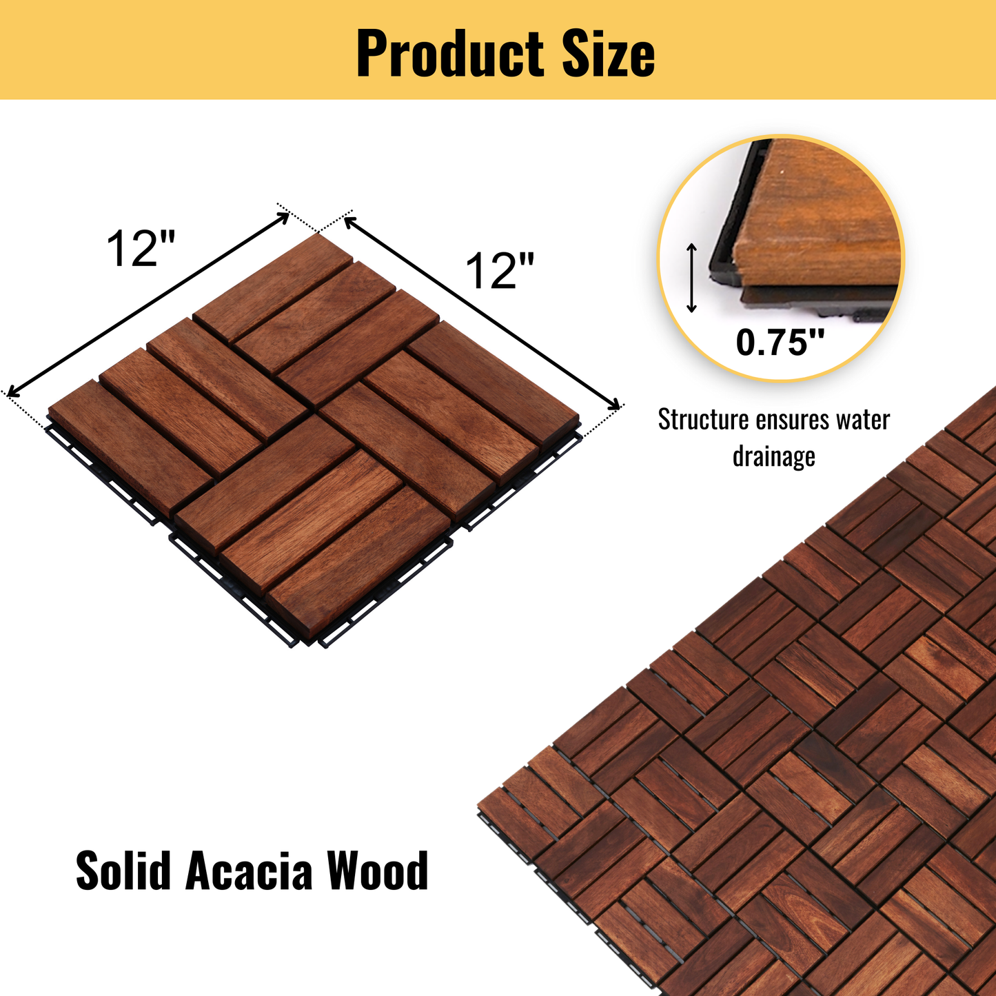 Acacia Wood Interlocking Deck Tiles Checker Pattern, 30 PCS  12" x 12" Square Acacia Hardwood Outdoor Flooring for Patio, Bancony, Pool Side