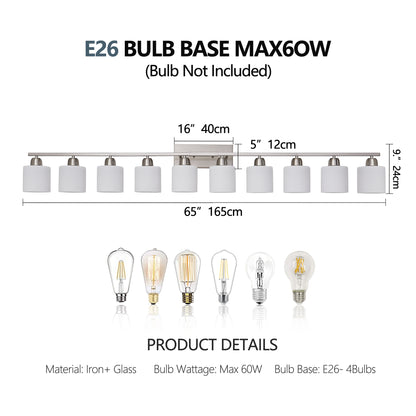 10-Light Bathroom Light Fixtures, 6552inch Nickel Vanity Light with Milky White Glass Shade, Modern Bathroom Wall Lights Over Mirror, Farmhouse Wall Sconces Lighting for Bedroom Living Room