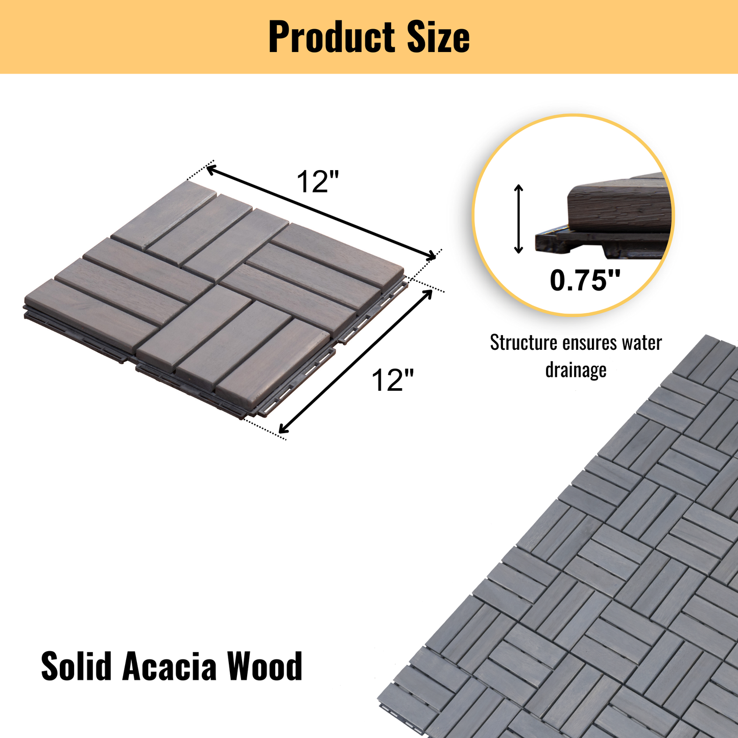 10 PCS Interlocking Deck Tiles Checker Pattern, 12" x 12" Light Gray Square Acacia Hardwood Outdoor Flooring for Patio, Bancony, Pool Side