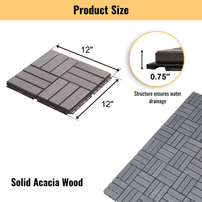 10 PCS Interlocking Deck Tiles Checker Pattern, 12" x 12" Light Gray Square Acacia Hardwood Outdoor Flooring for Patio, Bancony, Pool Side