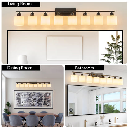 8-Light Bathroom Light Fixtures Over Mirror, 52inch Modern Matte Black Vanity Lights with White Frosted Glass Shade, Bathroom Wall Lamp Sconces for Mirror Bedroom, Living Room Hallway
