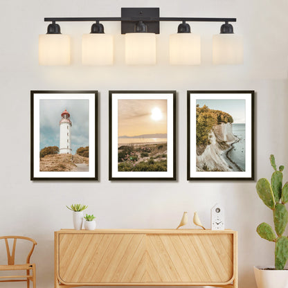 Black Bathroom Light Fixtures, 5-Light Modern Vanity Light Over Mirror, Wall Sconces with Milky White Frosted Glass Shades, E26 Socket (Bulbs Not Included)