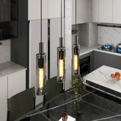 3 Pack Black Pendant Lights Kitchen Island (No Bulbs), Adjustable Modern Glass Pendant Light Over Island, Industrial Pendant Light Fixtures for Dining Room Hallway Bedroom Living Room