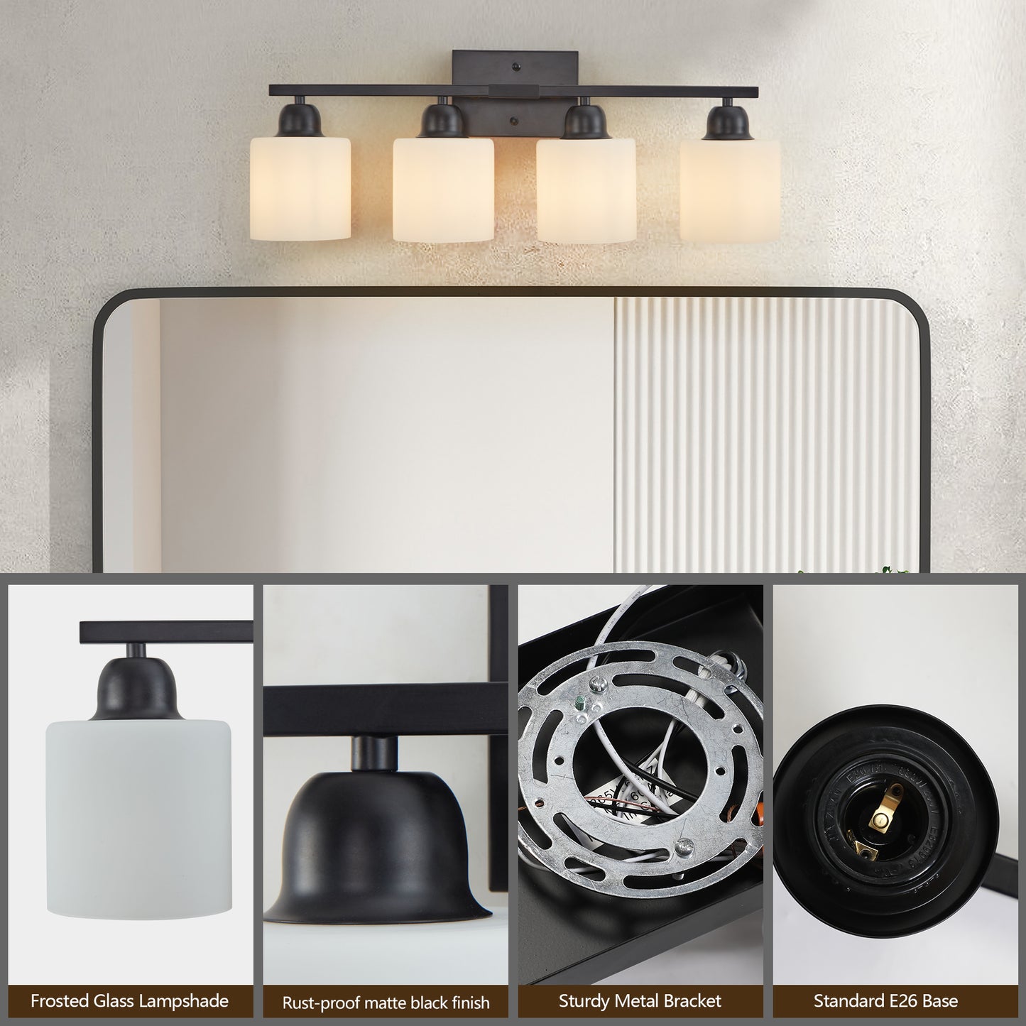 Black Bathroom Light Fixtures, 4-Light Modern Vanity Light Over Mirror, Wall Sconces with Milky White Frosted Glass Shades, E26 Socket (Bulbs Not Included)
