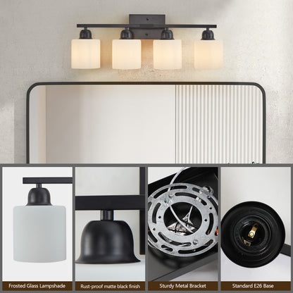Black Bathroom Light Fixtures, 4-Light Modern Vanity Light Over Mirror, Wall Sconces with Milky White Frosted Glass Shades, E26 Socket (Bulbs Not Included)
