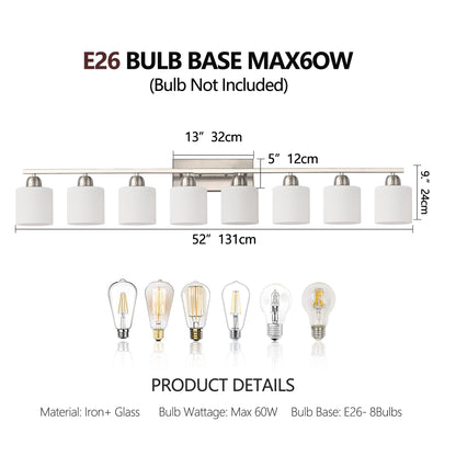 8-Light Bathroom Light Fixtures, 52inch Nickel Vanity Light with Milky White Glass Shade, Modern Bathroom Wall Lights Over Mirror, Farmhouse Wall Sconces Lighting for Bedroom Living Room