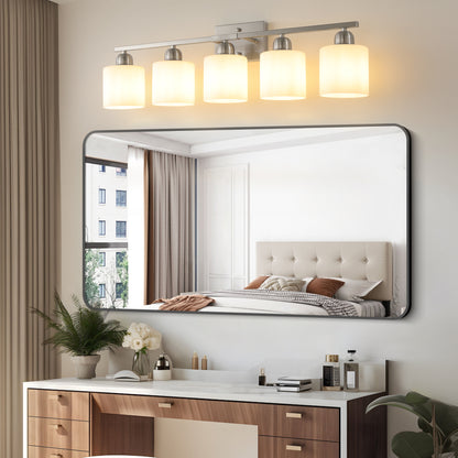 Brushed Nickel Bathroom Light Fixtures, 5-Light Modern Vanity Light Over Mirror, Wall Sconces with Milky White Frosted Glass Shades, E26 Socket (Bulbs Not Included)