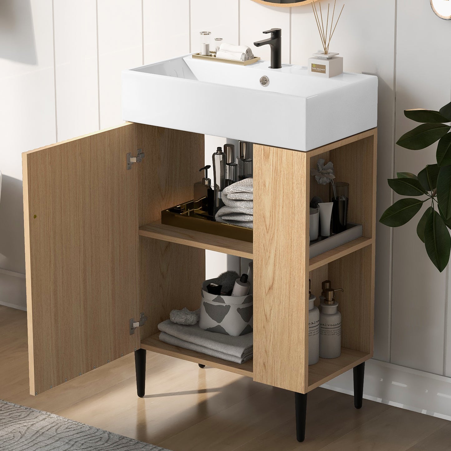 21.6" Wood Bathroom vanity, Combo Cabinet, Bathroom Storage Cabinet, Single Ceramic Sink, Right side storage