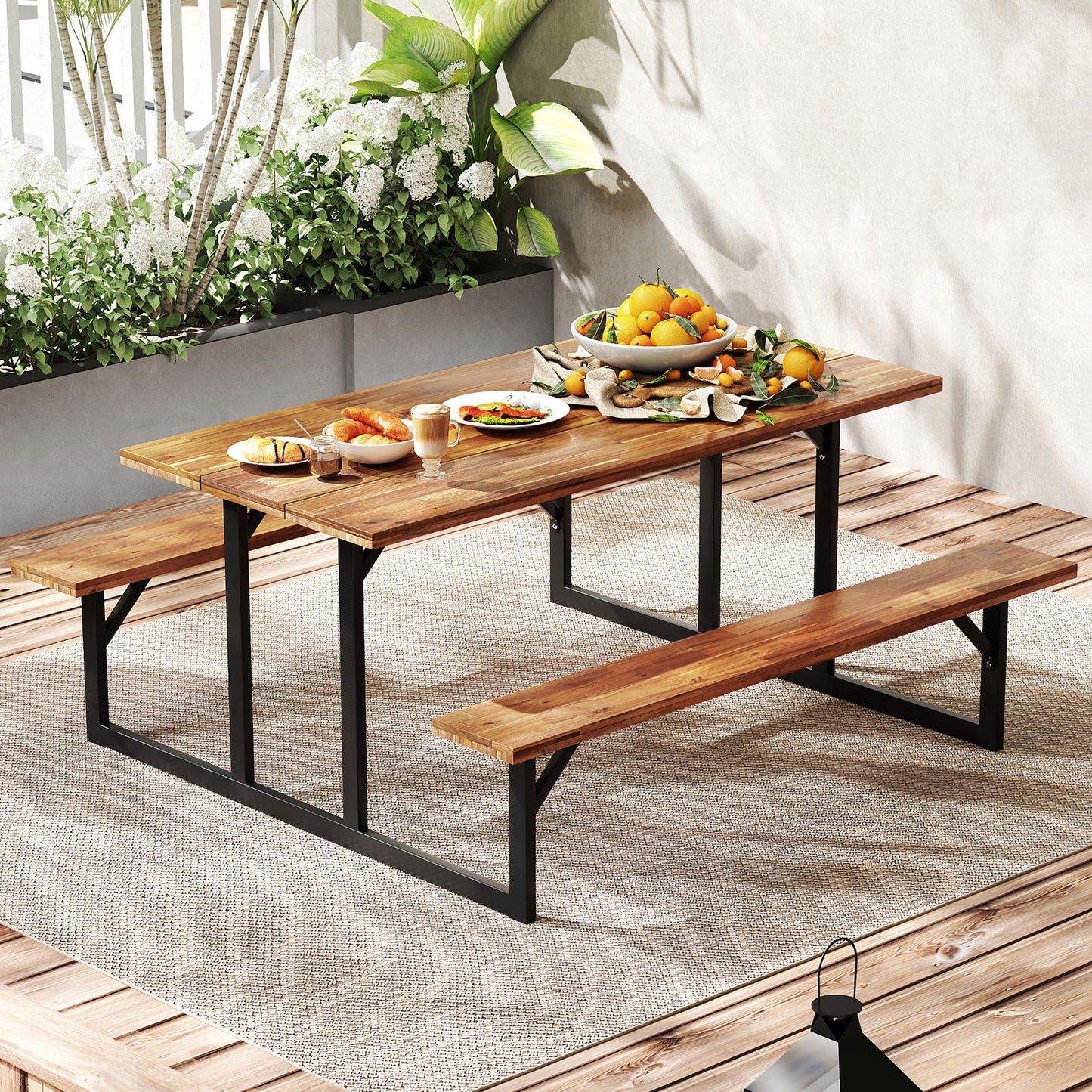 6-Person Acacia Wood Picnic Table with 2 Built-In Benches