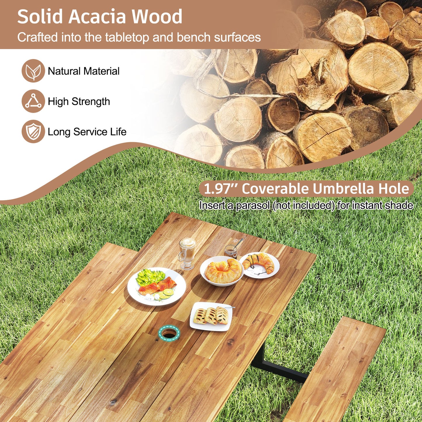 6-Person Acacia Wood Picnic Table with 2 Built-In Benches