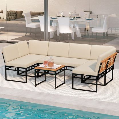 6 Piece Outdoor Sectional Sofa Set Metal Conversation Set with Cushions-Beige
