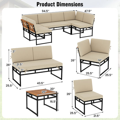 6 Piece Outdoor Sectional Sofa Set Metal Conversation Set with Cushions-Beige