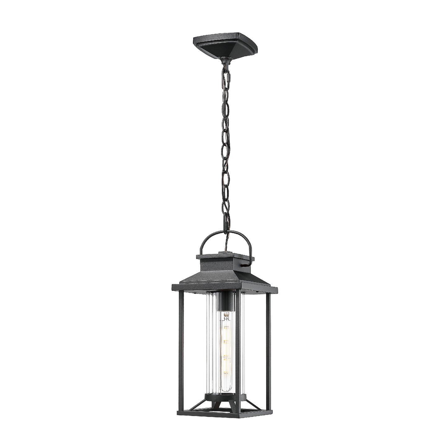 Outdoor Pendant Lights for Porch, Black Exterior Chandelier for Gazebo, Modern Outside Hanging Lanterns Outdoor Ceiling Light Fixture with Ribbed Glass for House Patio, Anti-Rust Waterproof (1 pack)