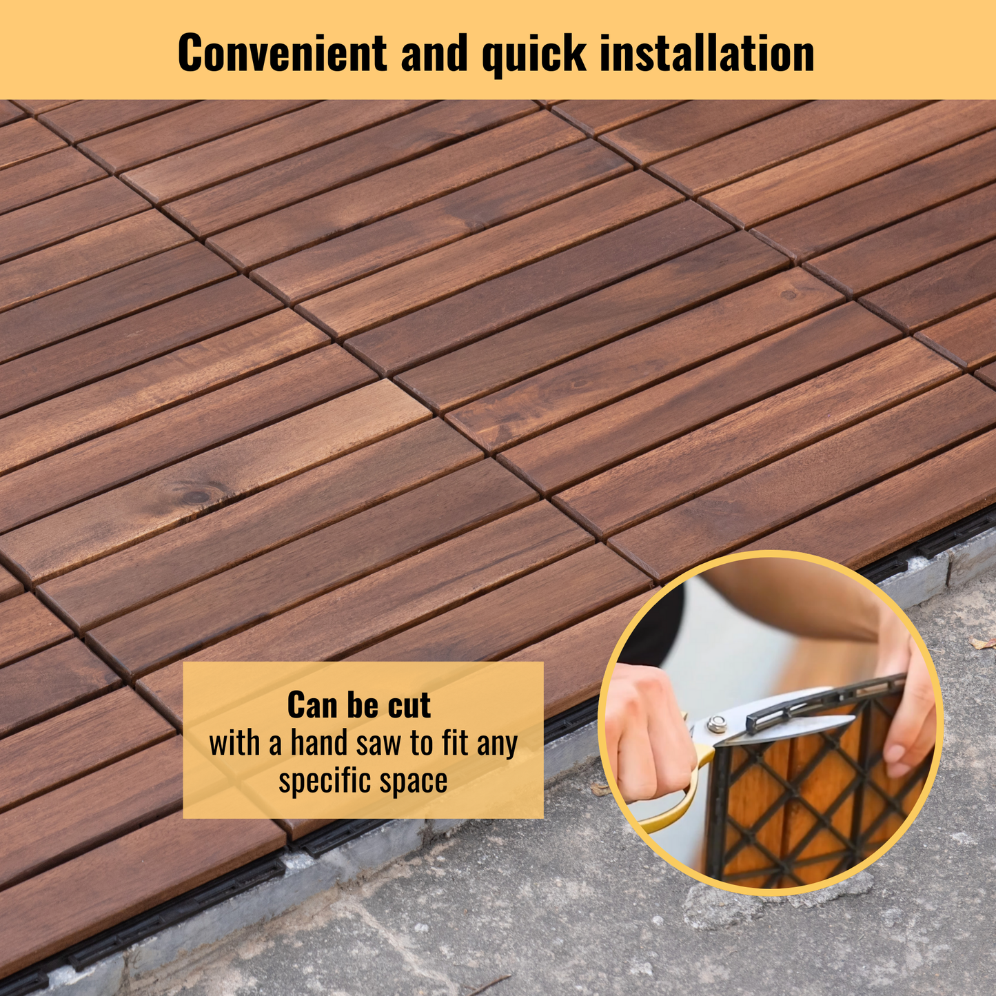 10 PCS Interlocking Deck Tiles Striped Pattern, 12" x 12" Square Acacia Hardwood Outdoor Flooring for Patio, Bancony, Pool Side