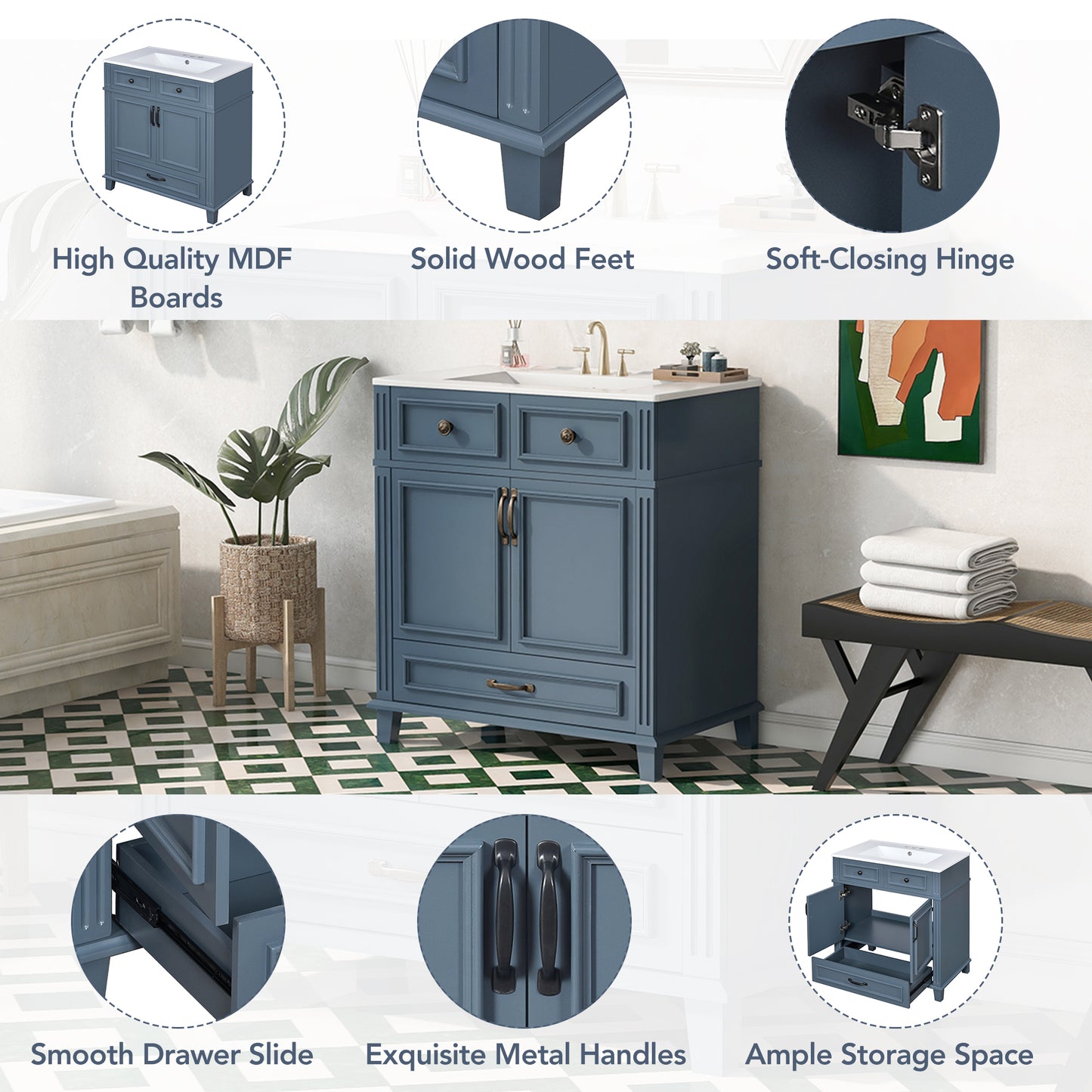 30'' Bathroom Vanity with Ceramic Sink,Solid Wood Frame Bathroom Storage Cabinet with Soft Closing Doors,Retro Style, Blue