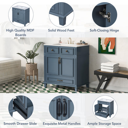 30'' Bathroom Vanity with Ceramic Sink,Solid Wood Frame Bathroom Storage Cabinet with Soft Closing Doors,Retro Style, Blue