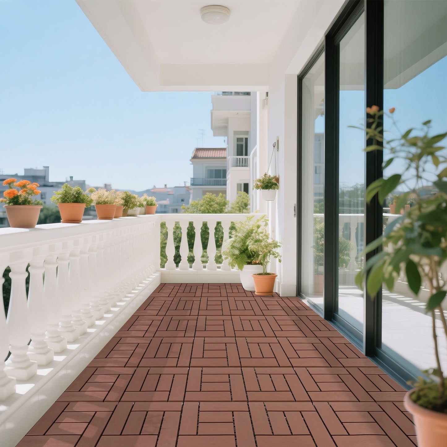 12-inch interlocking deck tiles, DIY modular interlocking decking floor tiles, indoor and outdoor floor tiles, courtyard floor tiles that easy to install quickly ,44 pieces, Brown