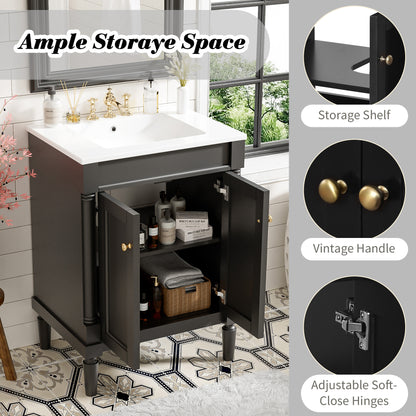 24'' Bathroom Vanity with Top Sink, 2-Tier Modern Bathroom Storage Cabinet, Single Sink Bathroom Vanity, Large Storage Shelves
