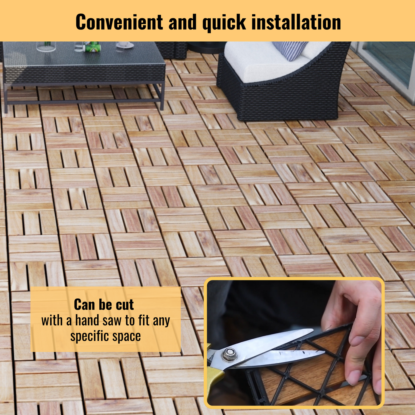 10 PCS Interlocking Deck Tiles Checker Pattern, 12" x 12" Square Yellow Acacia Hardwood Outdoor Flooring for Patio, Bancony, Pool Side