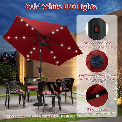 7.5 Feet Solar Powered Patio Umbrella with LED Lights and Crank Handle-Burgundy