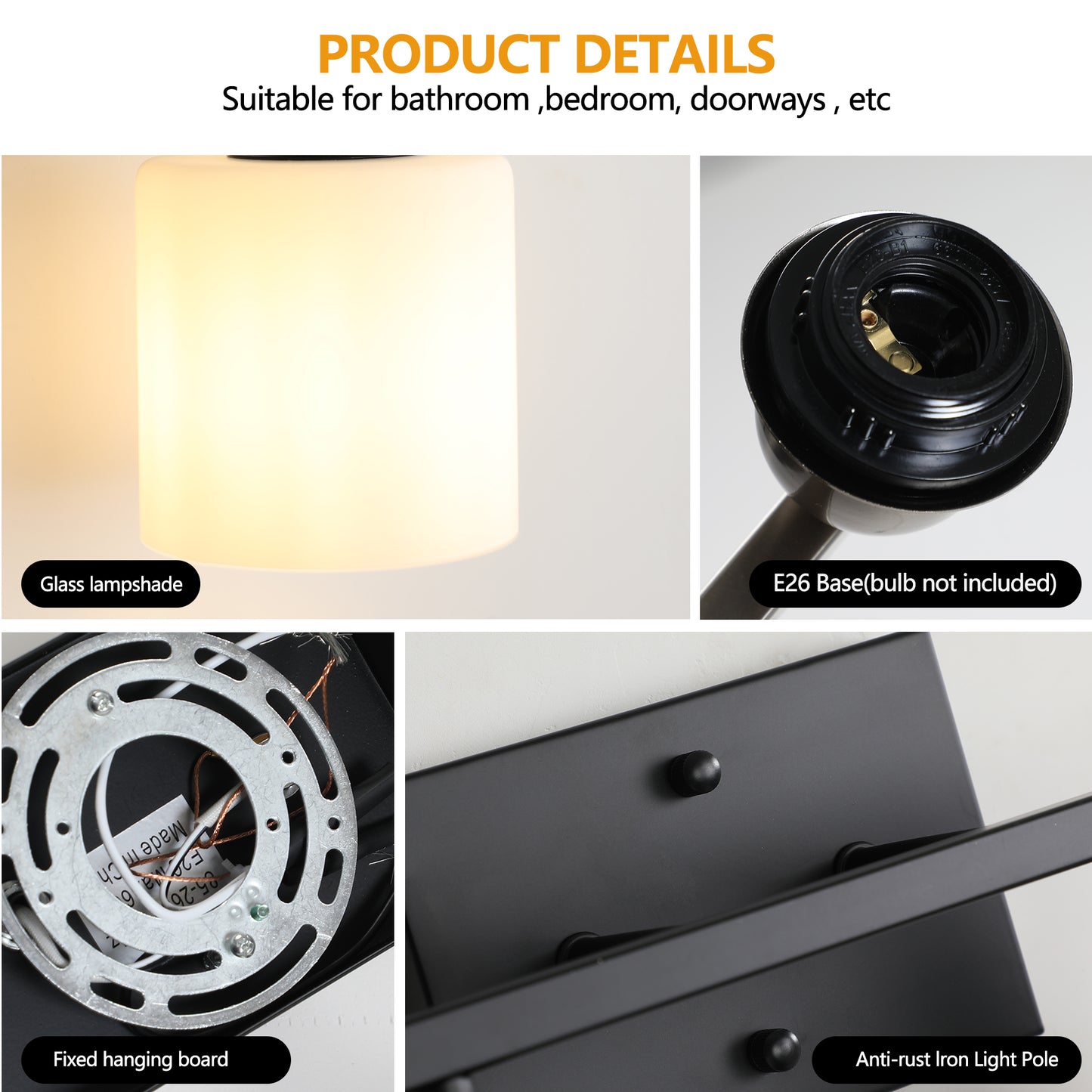 Black Bathroom Light Fixtures, 5-Light Modern Vanity Light Over Mirror, Wall Sconces with Milky White Frosted Glass Shades, E26 Socket (Bulbs Not Included)