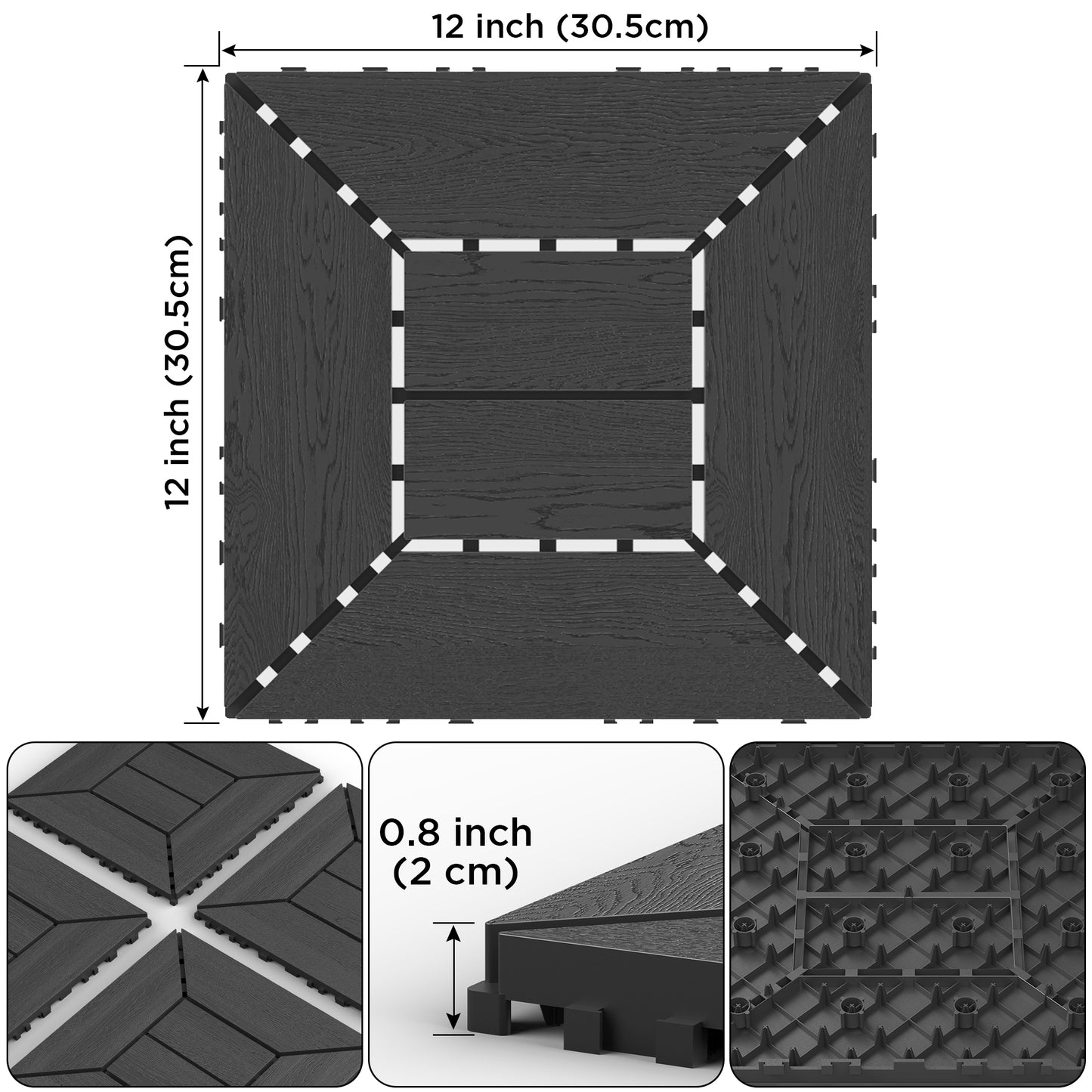 New 12 inch balcony deck tiles, DIY interlocking deck floor tiles, indoor and outdoor floor tiles, easy to install patio tiles, suitable for poolside balcony, backyard, 44 pieces dark gray