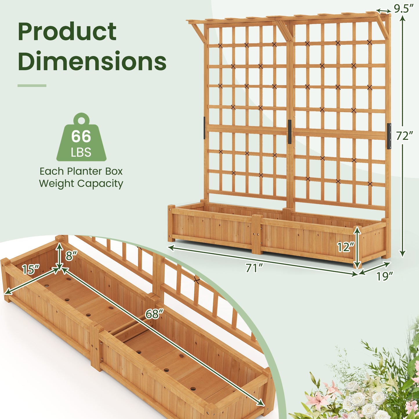 71 Inches Large Wooden Planter Container with Trellis and Hanging Roof-Orange