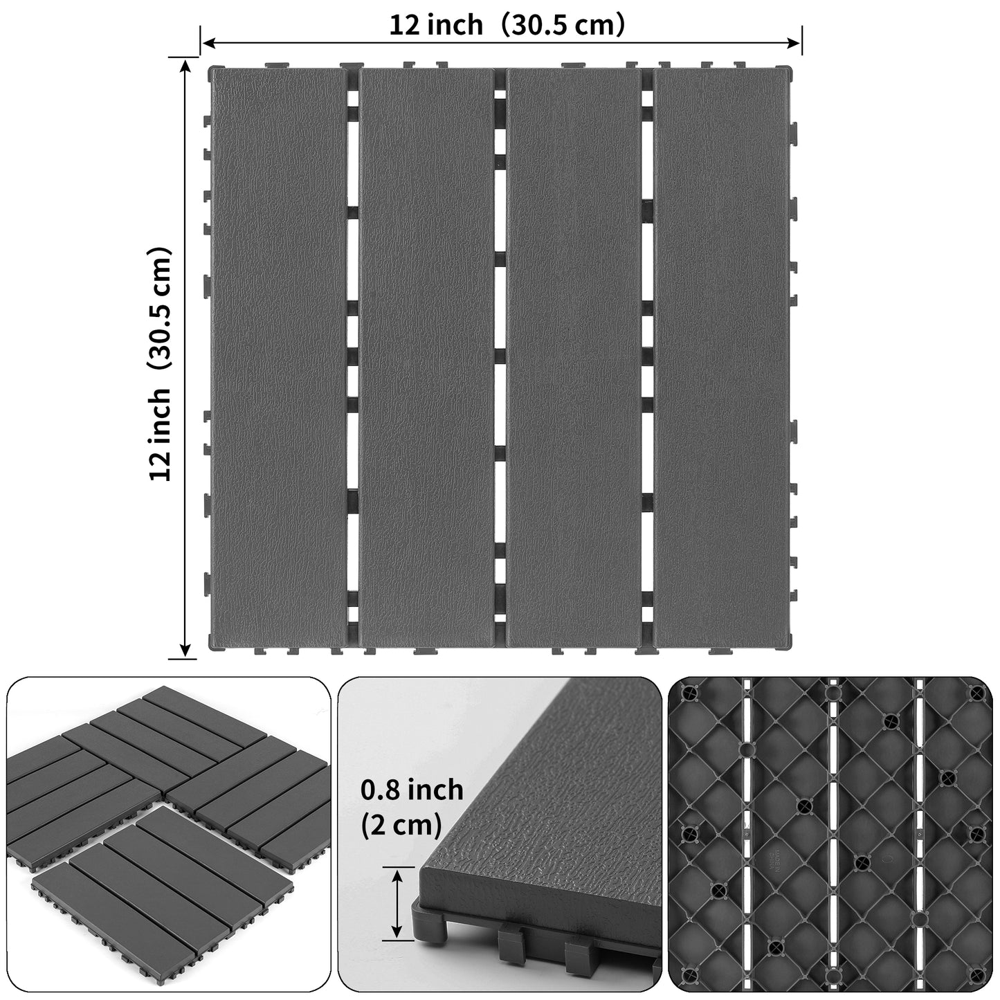 Plastic interlocking decking tiles, 44 packs of terrace decking tiles, 12 inches x 12 inches waterproof for all-weather use, backyard pool decking tiles, dark gray
