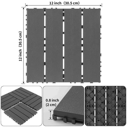 Plastic interlocking decking tiles, 44 packs of terrace decking tiles, 12 inches x 12 inches waterproof for all-weather use, backyard pool decking tiles, dark gray