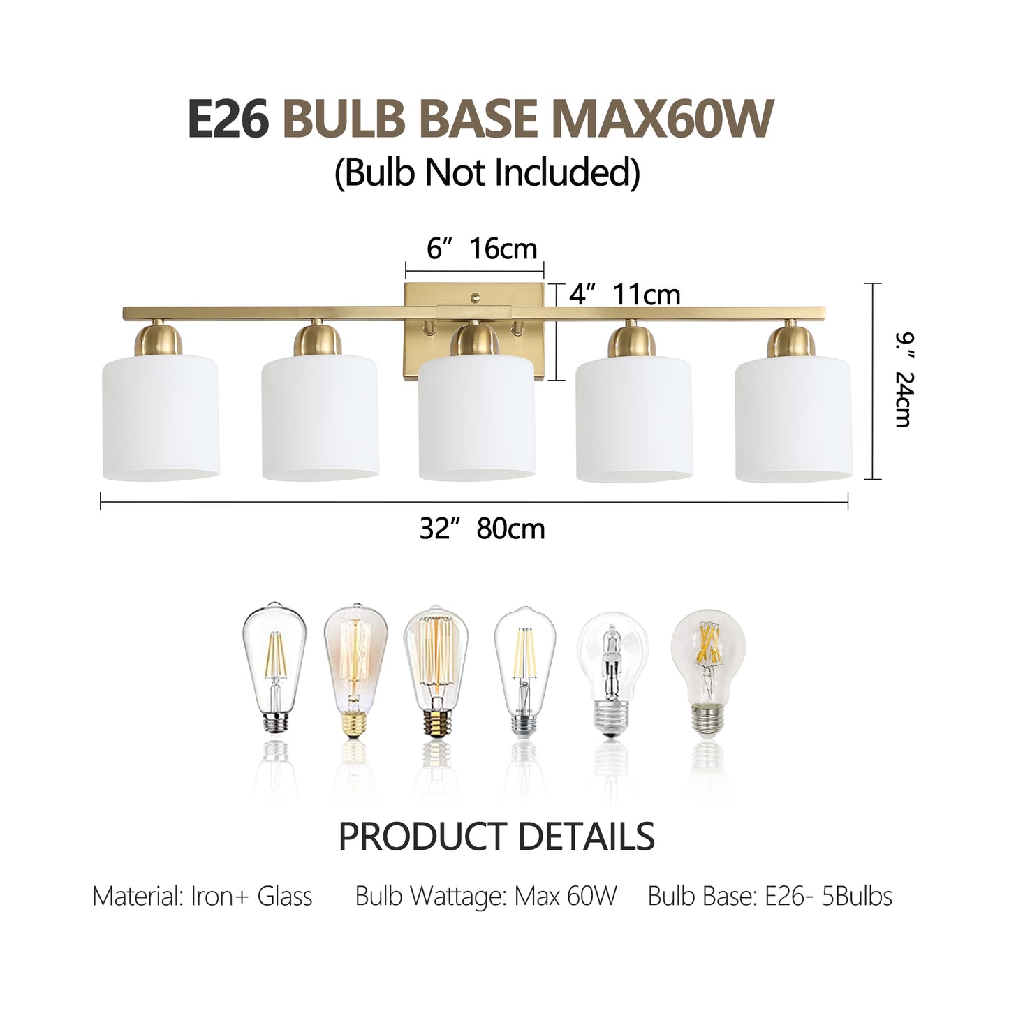 Gold Bathroom Light Fixtures, 5-Light Modern Vanity Light Over Mirror, Wall Sconces with Milky White Frosted Glass Shades, E26 Socket (Bulbs Not Included)