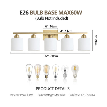Gold Bathroom Light Fixtures, 5-Light Modern Vanity Light Over Mirror, Wall Sconces with Milky White Frosted Glass Shades, E26 Socket (Bulbs Not Included)