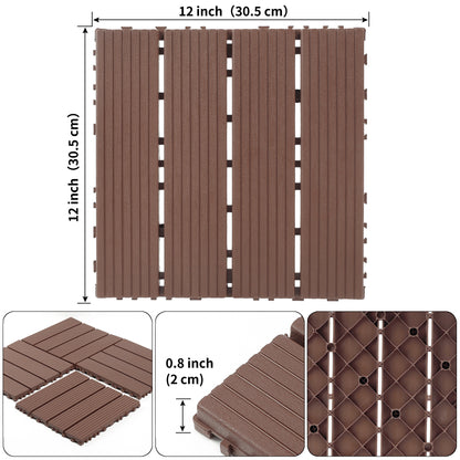 Plastic interlocking decking tiles, 44 packs of terrace decking tiles, 12 inches x 12 inches waterproof for all-weather use, backyard pool decking tiles, Brown