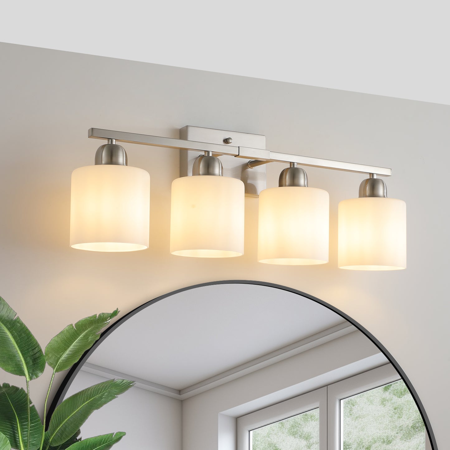 Brushed Nickel Bathroom Light Fixtures, 4-Light Modern Vanity Light Over Mirror, Wall Sconces with Milky White Frosted Glass Shades, E26 Socket (Bulbs Not Included)
