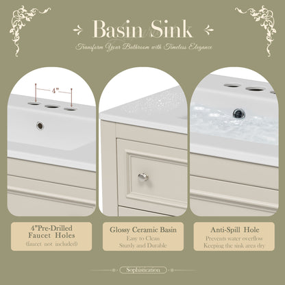 36" Bathroom Vanity Cabinet with Sink Combo Set, Undermount Ceramic Sink, Free Standing Vanity Set with 4 Drawers, Solid Wood Frame Bathroom Cabinet, Beige