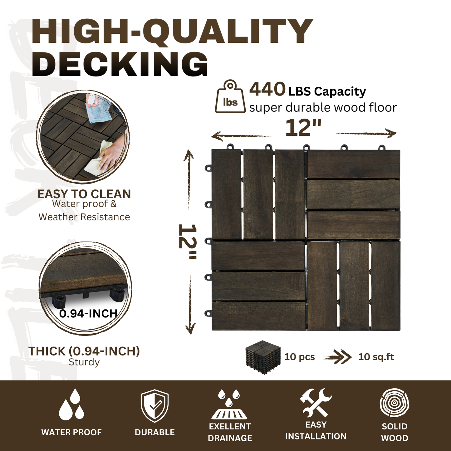 Acacia Wood Interlocking Deck Tiles Checker Pattern, 30 PCS  12" x 12" Dark Brown Square Acacia Hardwood Outdoor Flooring for Patio, Bancony, Pool Side