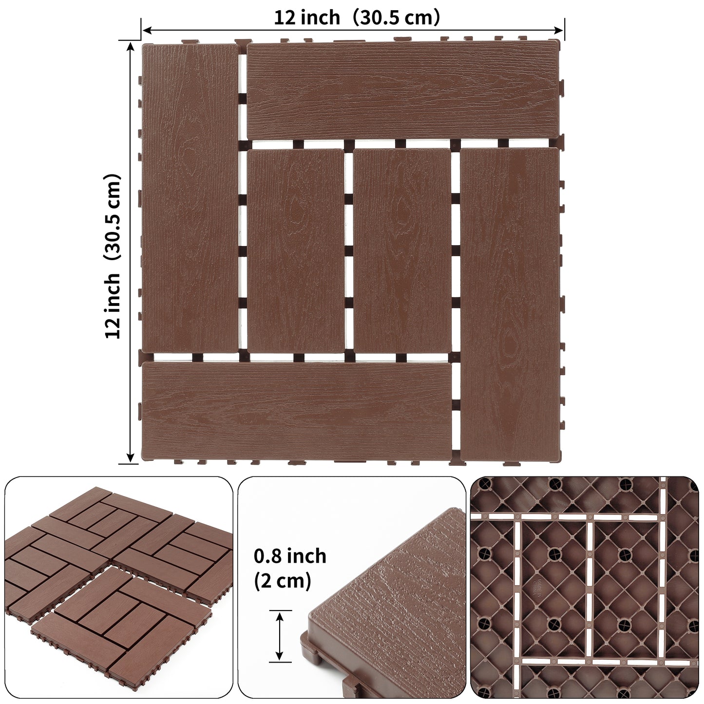 12-inch interlocking deck tiles, DIY modular interlocking decking floor tiles, indoor and outdoor floor tiles, courtyard floor tiles that easy to install quickly ,44 pieces, Brown
