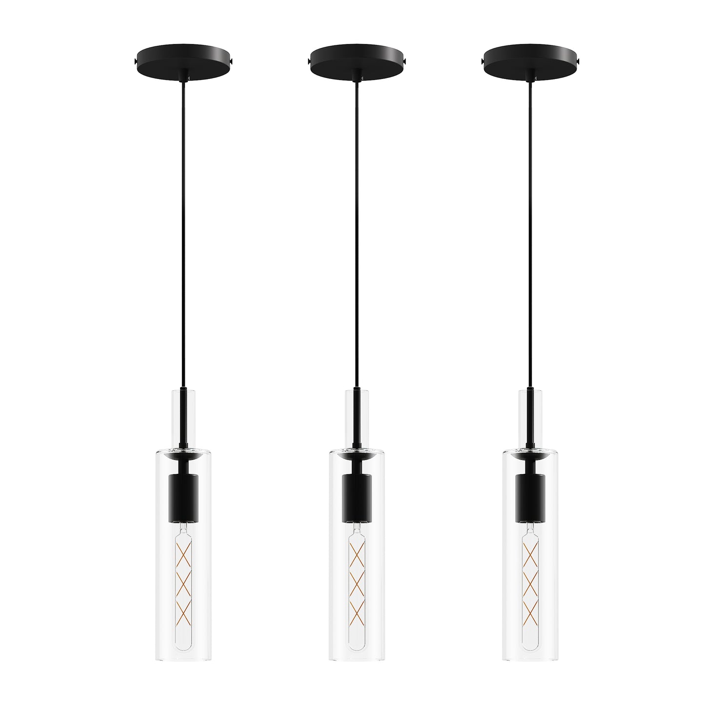 3 Pack Black Pendant Lights Kitchen Island (No Bulbs), Adjustable Modern Glass Pendant Light Over Island, Industrial Pendant Light Fixtures for Dining Room Hallway Bedroom Living Room