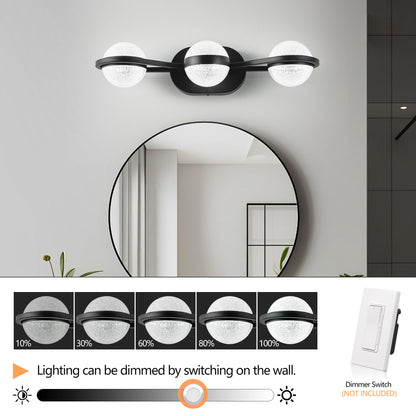 Bathroom Vanity Light, LED 3 Bulb Crystal Sand Acrylic Shades, Wall Mounted Decorative Lighting Fixture, Suitable for Bathroom Vanity Mirror (Black)