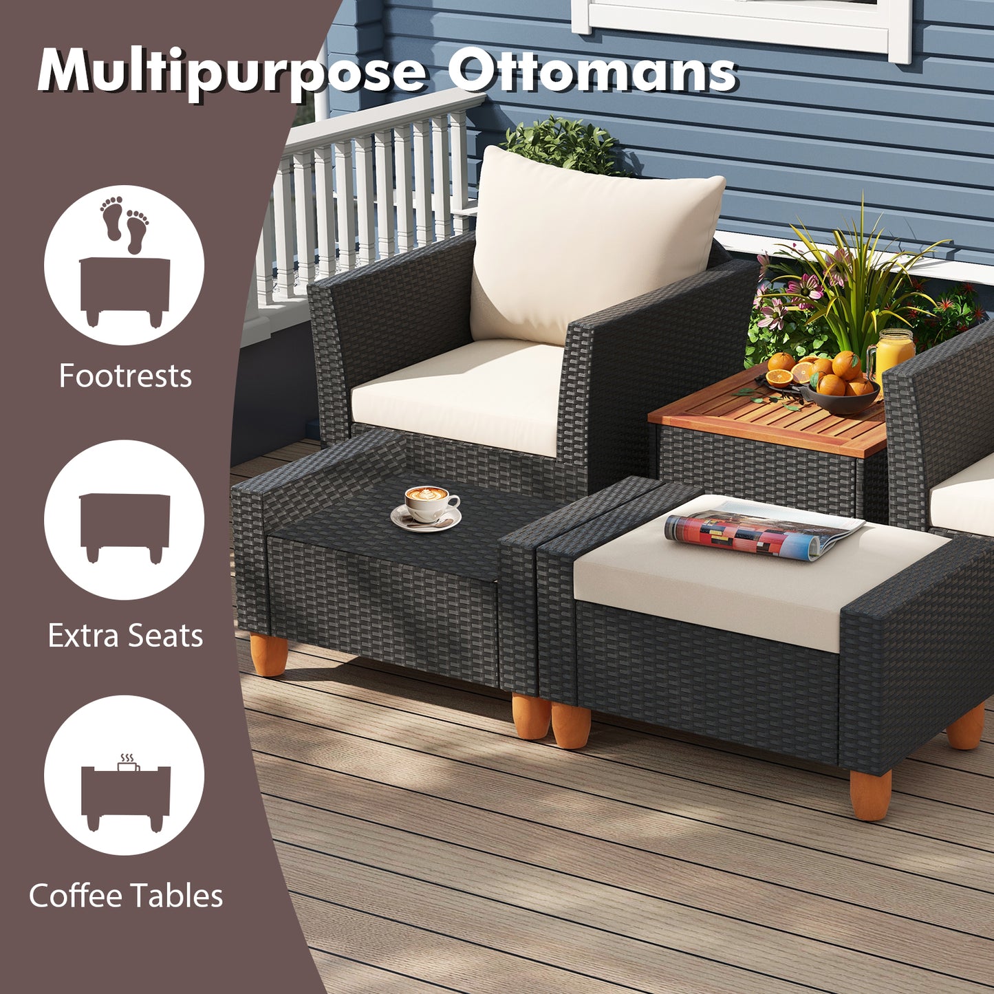 7 Pieces Patio Furniture PE Rattan Sectional Sofa Set with Armchairs and Table-white