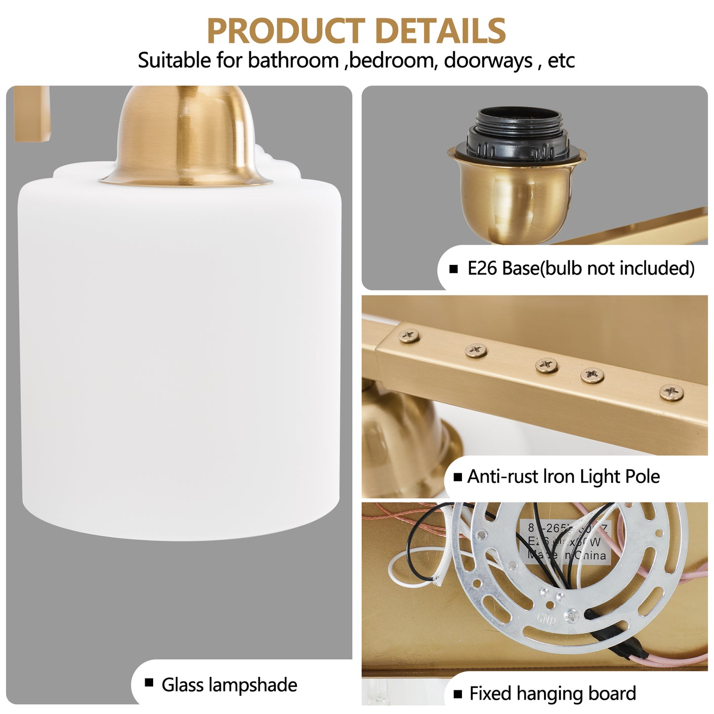 65inch Gold Bathroom Light Fixtures, Modern Bathroom Vanity Light with Milky White Glass Shade, Gold Wall Lamp Sconces for Mirror Bedroom, Living Room Hallway