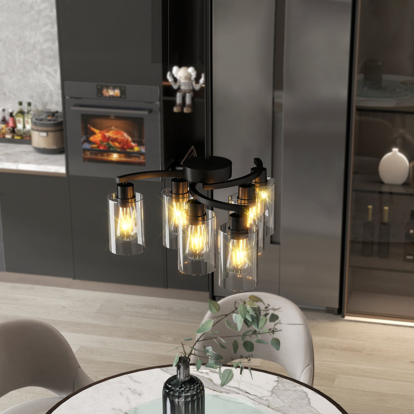 6-Light Modern Farmhouse Black Chandelier, Contemporary Dining Room Light Fixture, Adjustable Height Hanging Industrial Pendant Lights Kitchen Island, Clear Glass Shade