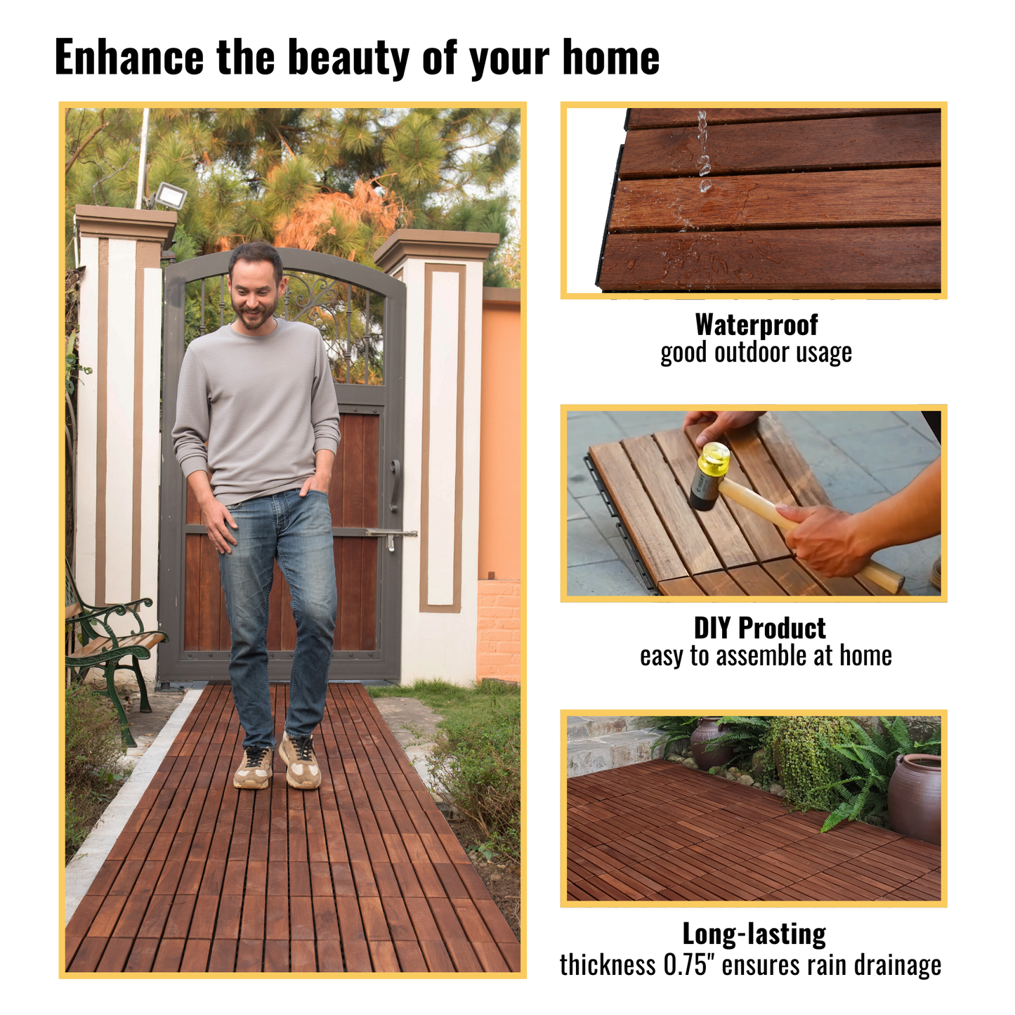 10 PCS Interlocking Deck Tiles Striped Pattern, 12" x 12" Square Acacia Hardwood Outdoor Flooring for Patio, Bancony, Pool Side