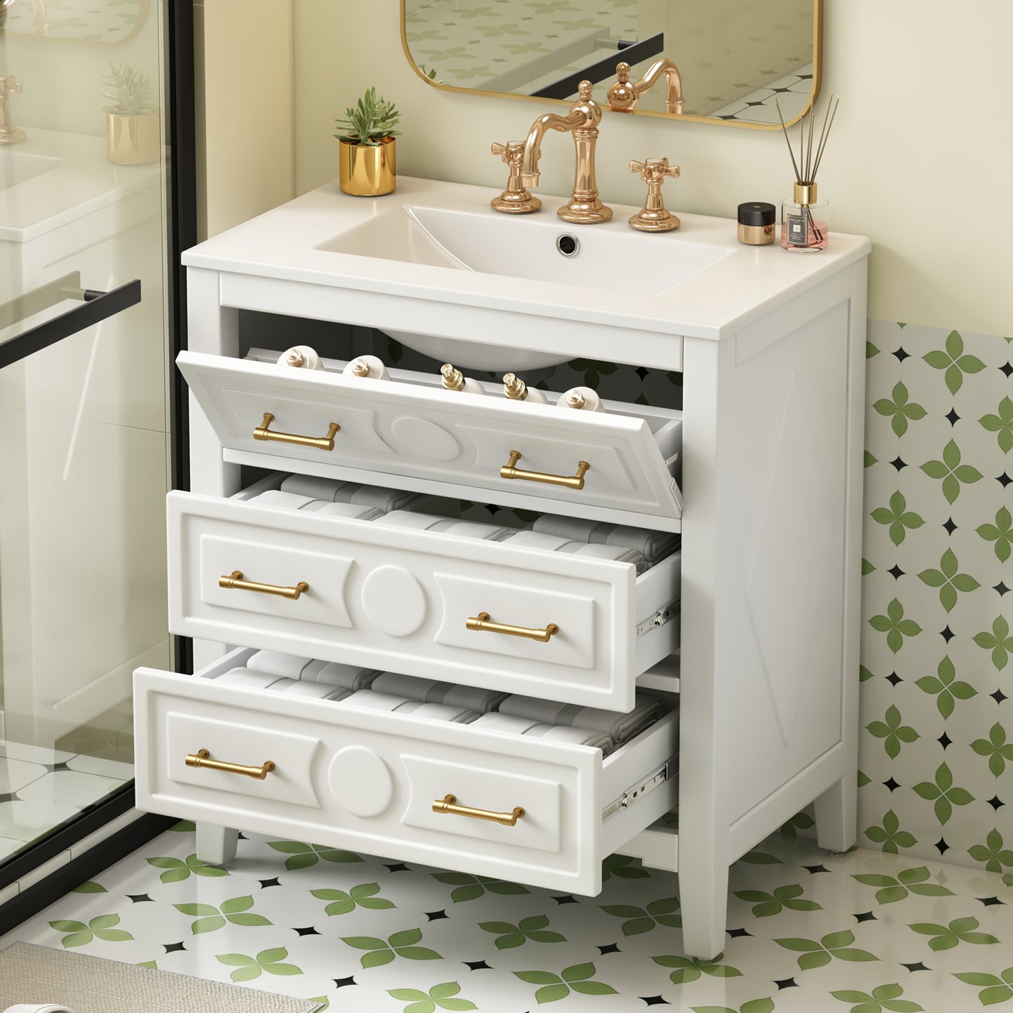 30'' Bathroom Vanity with Ceramic Sink Combo, Free Standing Single Vanity Set with 3 Drawers, Solid Wood Frame Bathroom Storage Cabinet, White