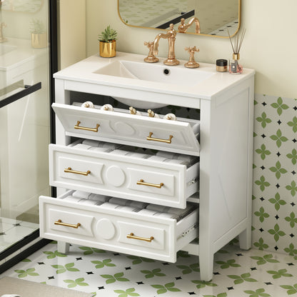 30'' Bathroom Vanity with Ceramic Sink Combo, Free Standing Single Vanity Set with 3 Drawers, Solid Wood Frame Bathroom Storage Cabinet, White