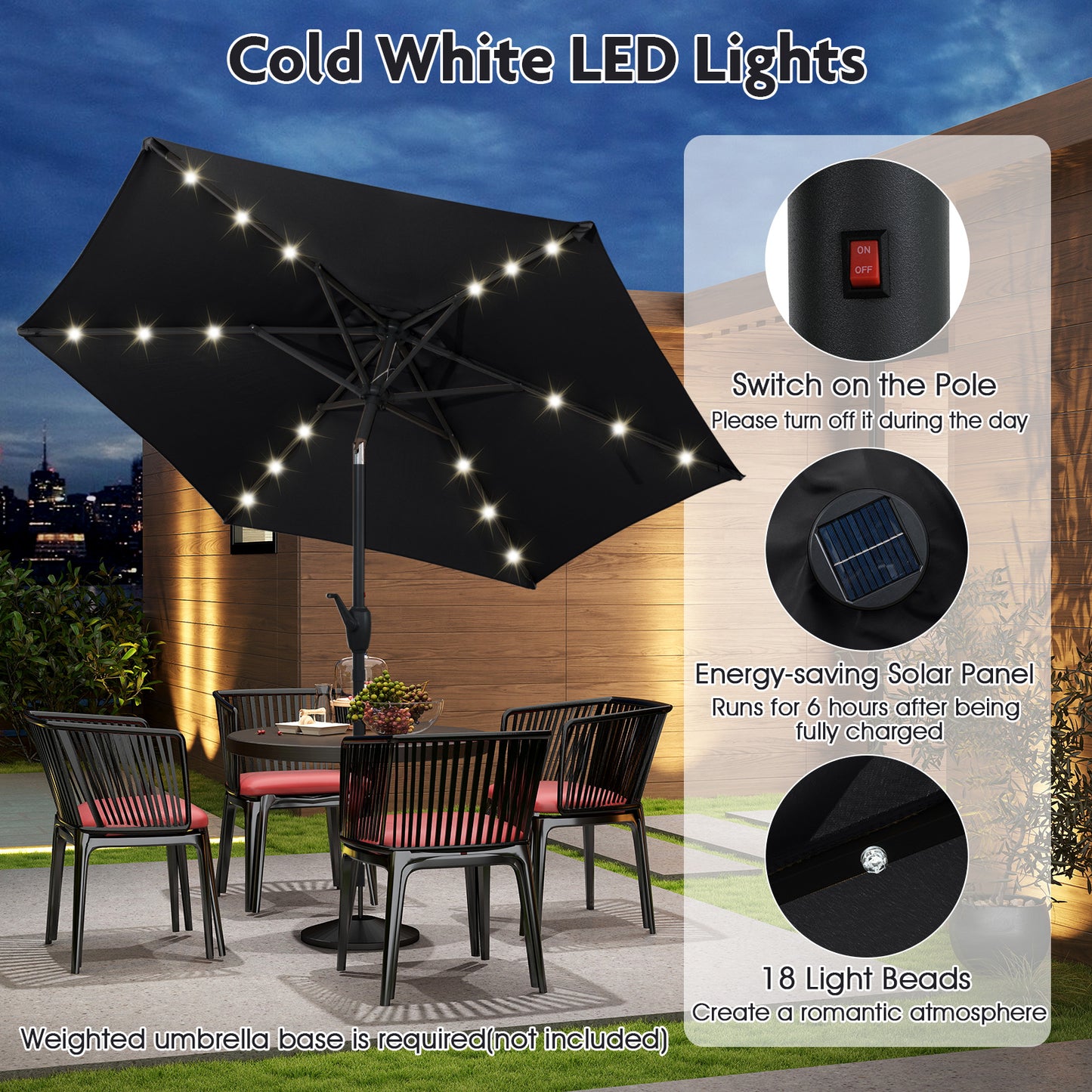 7.5 Feet Solar Powered Patio Umbrella with LED Lights and Crank Handle-Black