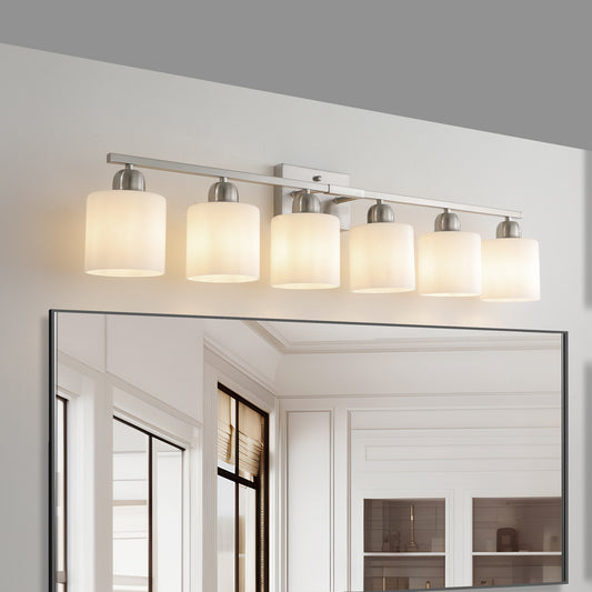 38" Bathroom Vanity Light, 6-Light Nickel Vanity Lights for Bathroom, Wall Sconce Lighting with Milky White Glass Shade, Wall Lights,Bath Vintage Wall Mounted Lamps for Mirror Bedroom
